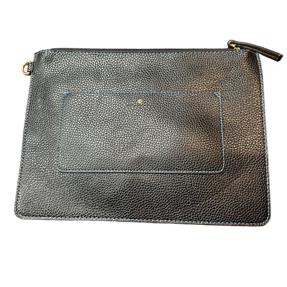 Travanti Black Leather Travel Zip Clutch Bag‎ With Blue Interior